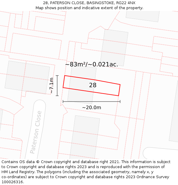 28, PATERSON CLOSE, BASINGSTOKE, RG22 4NX: Plot and title map
