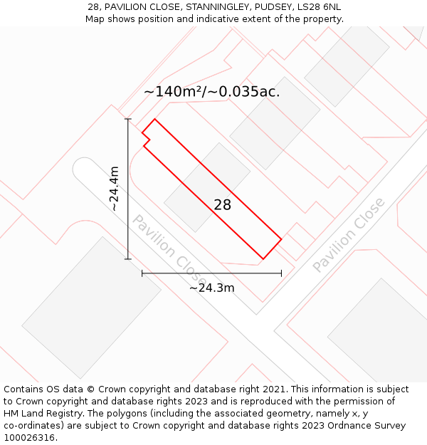 28, PAVILION CLOSE, STANNINGLEY, PUDSEY, LS28 6NL: Plot and title map