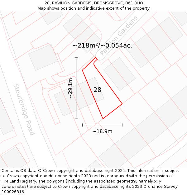 28, PAVILION GARDENS, BROMSGROVE, B61 0UQ: Plot and title map