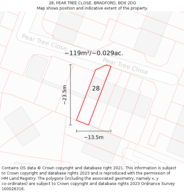 28, PEAR TREE CLOSE, BRADFORD, BD6 2DG: Plot and title map