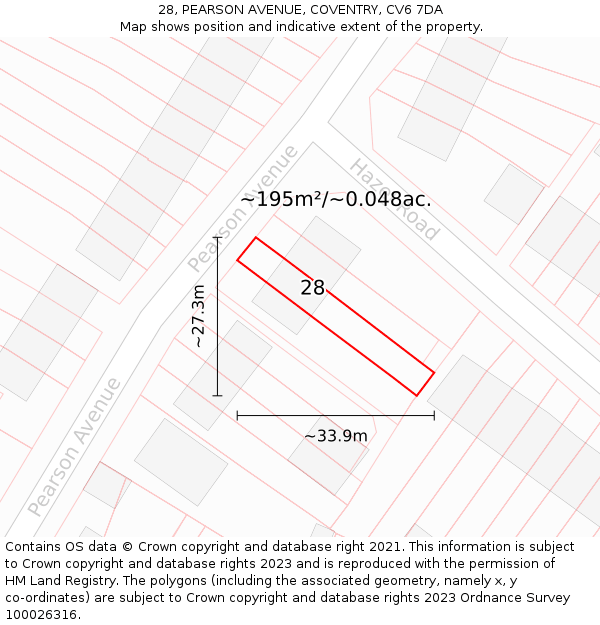 28, PEARSON AVENUE, COVENTRY, CV6 7DA: Plot and title map