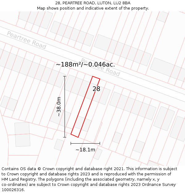 28, PEARTREE ROAD, LUTON, LU2 8BA: Plot and title map