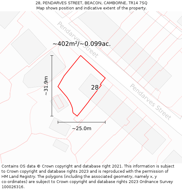 28, PENDARVES STREET, BEACON, CAMBORNE, TR14 7SQ: Plot and title map