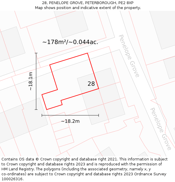28, PENELOPE GROVE, PETERBOROUGH, PE2 8XP: Plot and title map