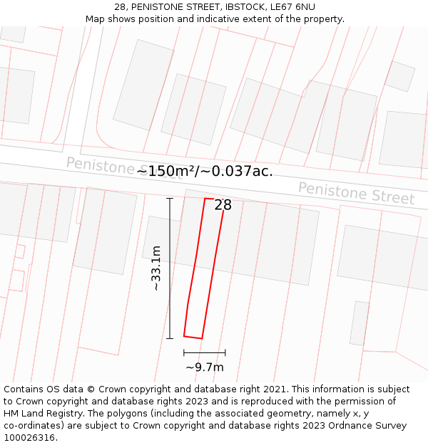 28, PENISTONE STREET, IBSTOCK, LE67 6NU: Plot and title map