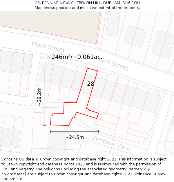 28, PENNINE VIEW, SHERBURN HILL, DURHAM, DH6 1QN: Plot and title map