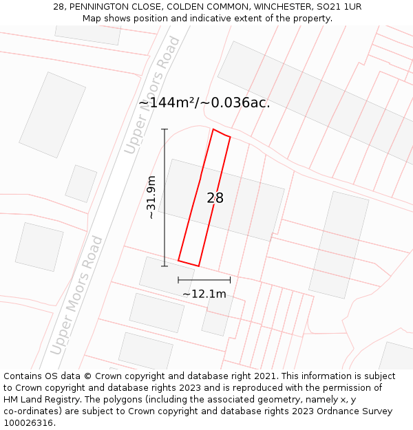 28, PENNINGTON CLOSE, COLDEN COMMON, WINCHESTER, SO21 1UR: Plot and title map