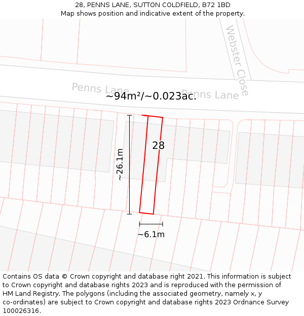 28, PENNS LANE, SUTTON COLDFIELD, B72 1BD: Plot and title map