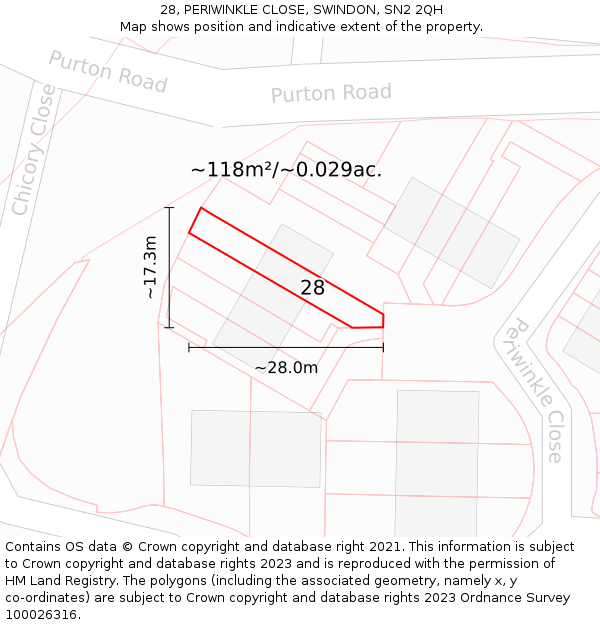 28, PERIWINKLE CLOSE, SWINDON, SN2 2QH: Plot and title map
