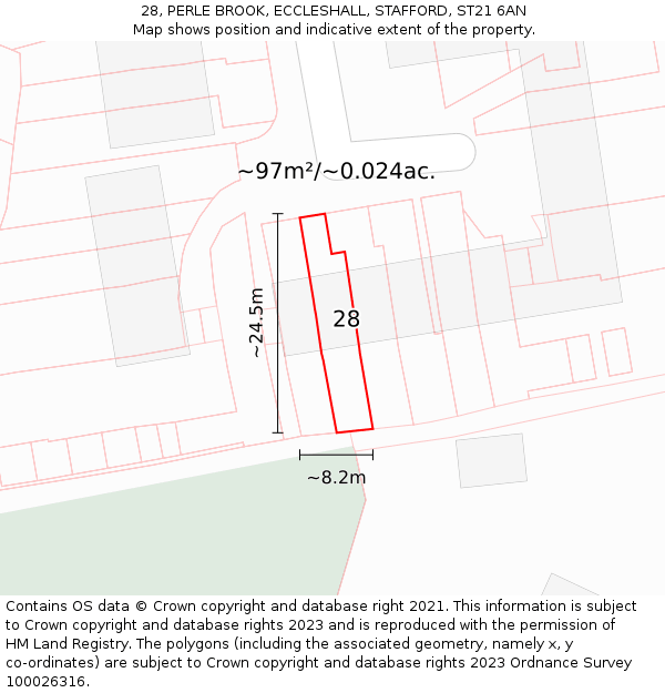 28, PERLE BROOK, ECCLESHALL, STAFFORD, ST21 6AN: Plot and title map