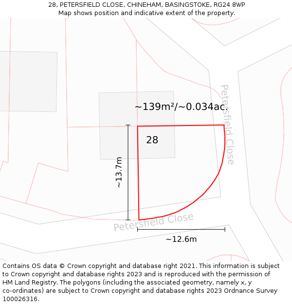 28, PETERSFIELD CLOSE, CHINEHAM, BASINGSTOKE, RG24 8WP: Plot and title map