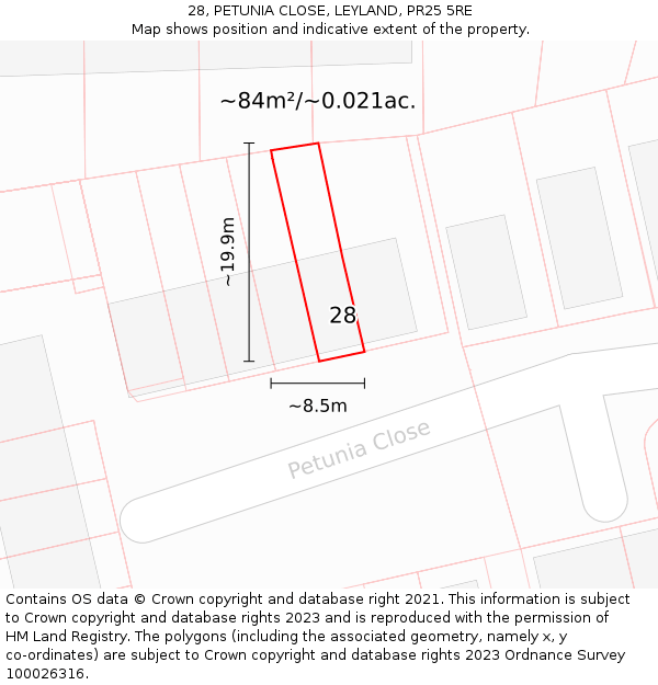 28, PETUNIA CLOSE, LEYLAND, PR25 5RE: Plot and title map
