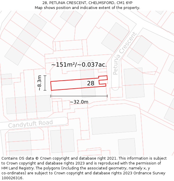 28, PETUNIA CRESCENT, CHELMSFORD, CM1 6YP: Plot and title map