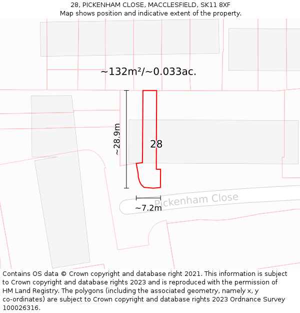 28, PICKENHAM CLOSE, MACCLESFIELD, SK11 8XF: Plot and title map