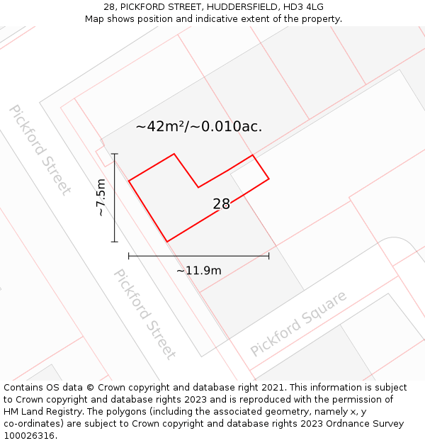 28, PICKFORD STREET, HUDDERSFIELD, HD3 4LG: Plot and title map