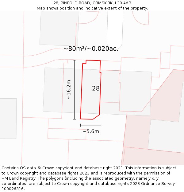 28, PINFOLD ROAD, ORMSKIRK, L39 4AB: Plot and title map