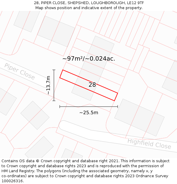 28, PIPER CLOSE, SHEPSHED, LOUGHBOROUGH, LE12 9TF: Plot and title map