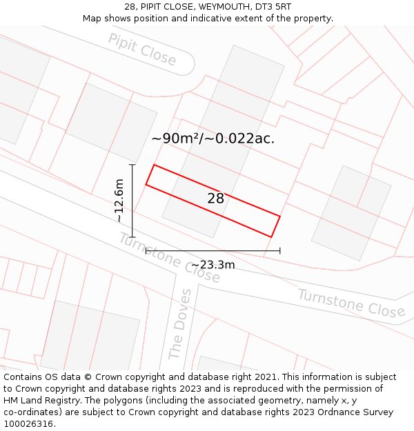 28, PIPIT CLOSE, WEYMOUTH, DT3 5RT: Plot and title map