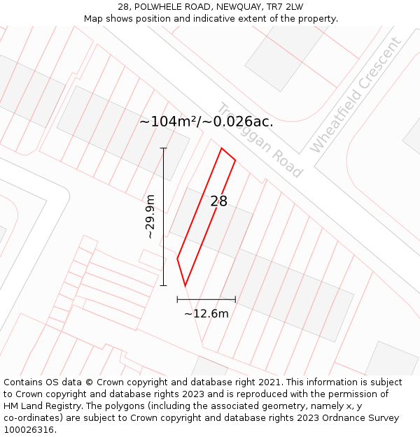 28, POLWHELE ROAD, NEWQUAY, TR7 2LW: Plot and title map