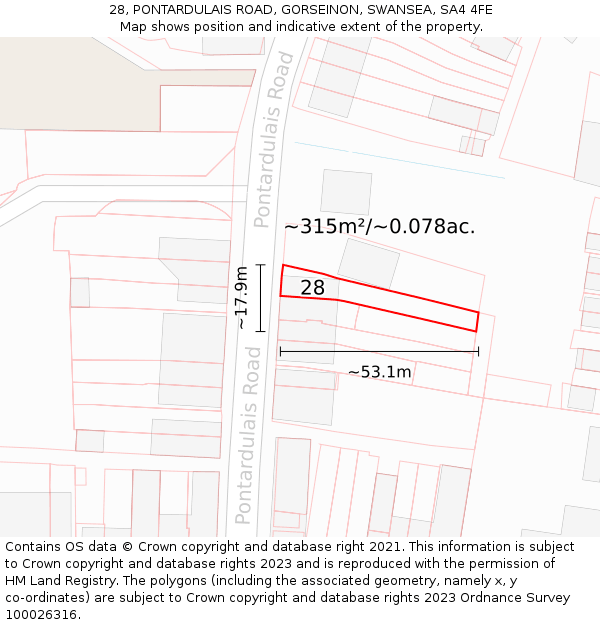 28, PONTARDULAIS ROAD, GORSEINON, SWANSEA, SA4 4FE: Plot and title map