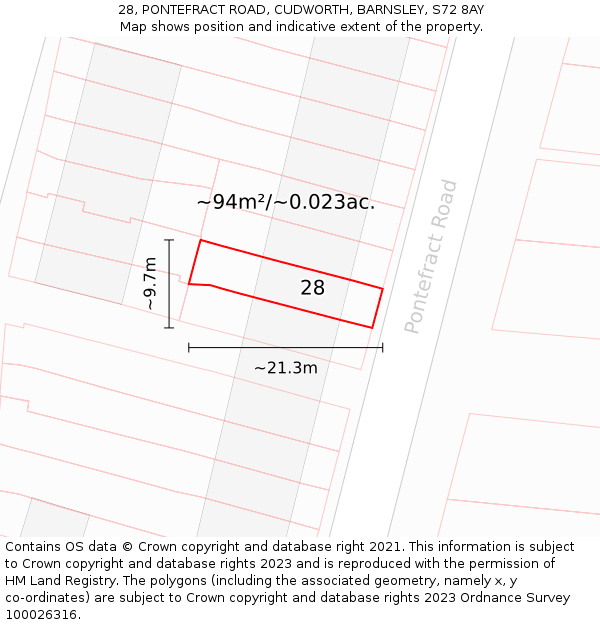28, PONTEFRACT ROAD, CUDWORTH, BARNSLEY, S72 8AY: Plot and title map
