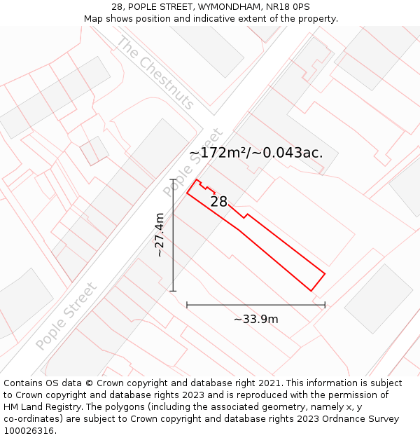 28, POPLE STREET, WYMONDHAM, NR18 0PS: Plot and title map
