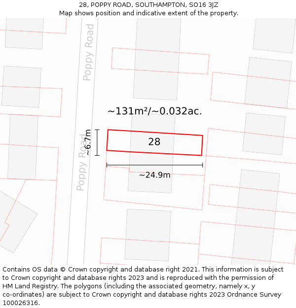 28, POPPY ROAD, SOUTHAMPTON, SO16 3JZ: Plot and title map