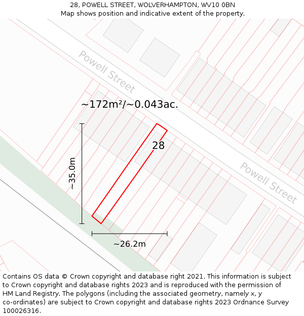 28, POWELL STREET, WOLVERHAMPTON, WV10 0BN: Plot and title map