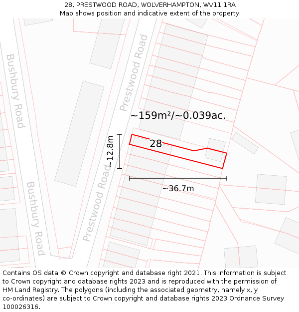28, PRESTWOOD ROAD, WOLVERHAMPTON, WV11 1RA: Plot and title map