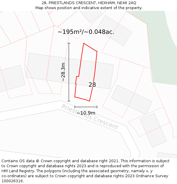 28, PRIESTLANDS CRESCENT, HEXHAM, NE46 2AQ: Plot and title map