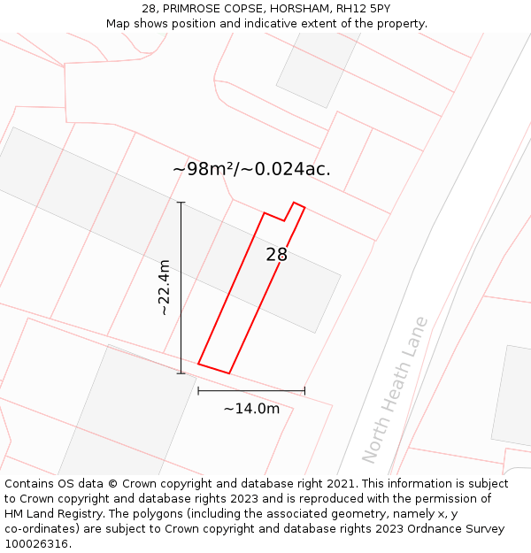 28, PRIMROSE COPSE, HORSHAM, RH12 5PY: Plot and title map