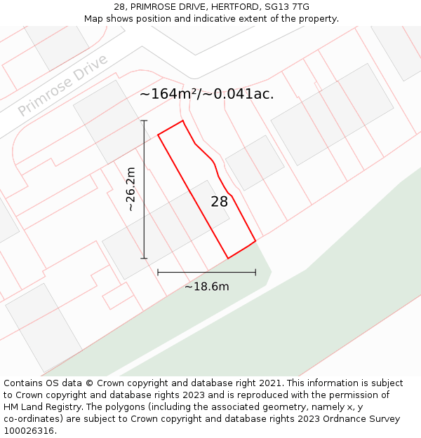 28, PRIMROSE DRIVE, HERTFORD, SG13 7TG: Plot and title map