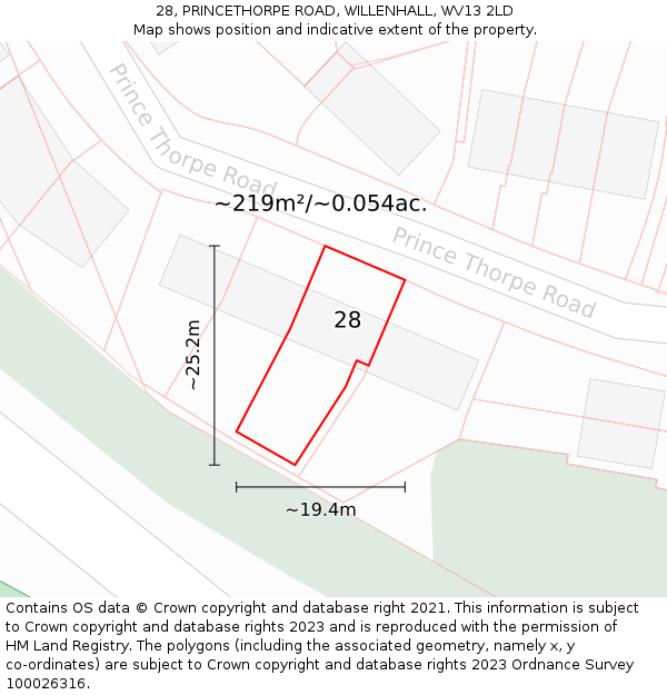 28, PRINCETHORPE ROAD, WILLENHALL, WV13 2LD: Plot and title map