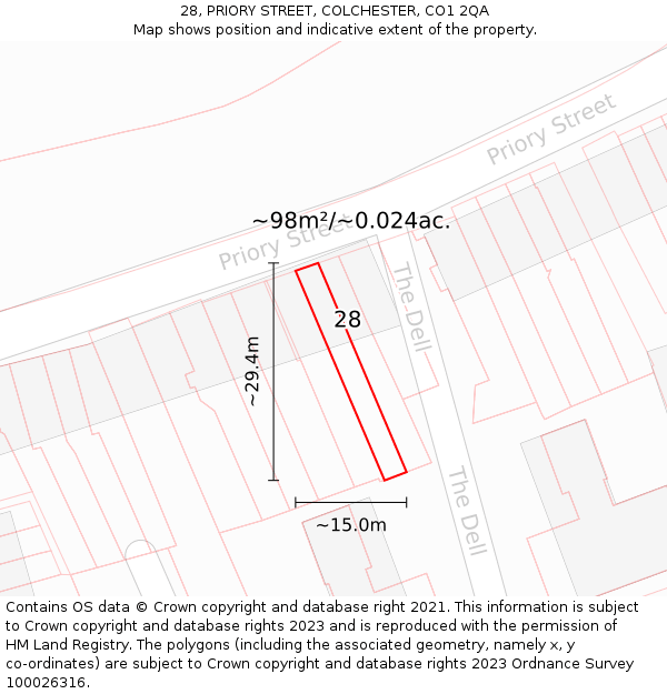 28, PRIORY STREET, COLCHESTER, CO1 2QA: Plot and title map