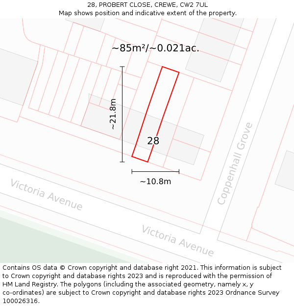 28, PROBERT CLOSE, CREWE, CW2 7UL: Plot and title map