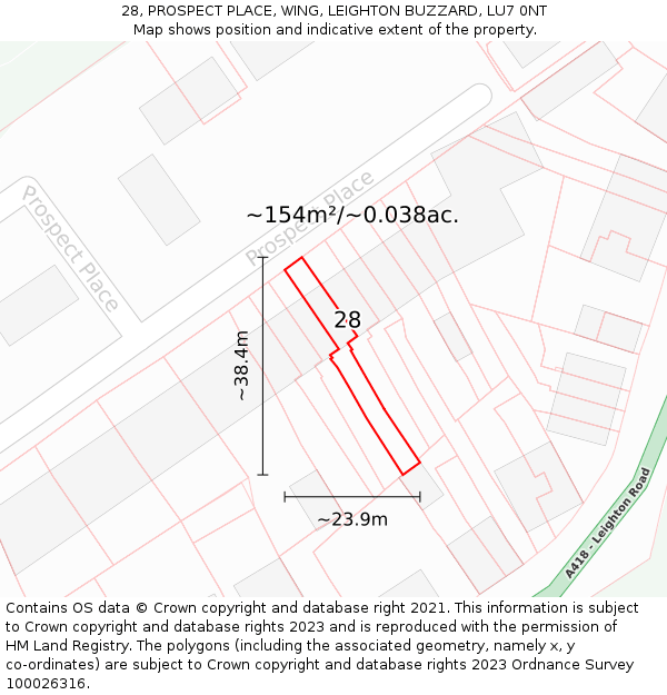 28, PROSPECT PLACE, WING, LEIGHTON BUZZARD, LU7 0NT: Plot and title map