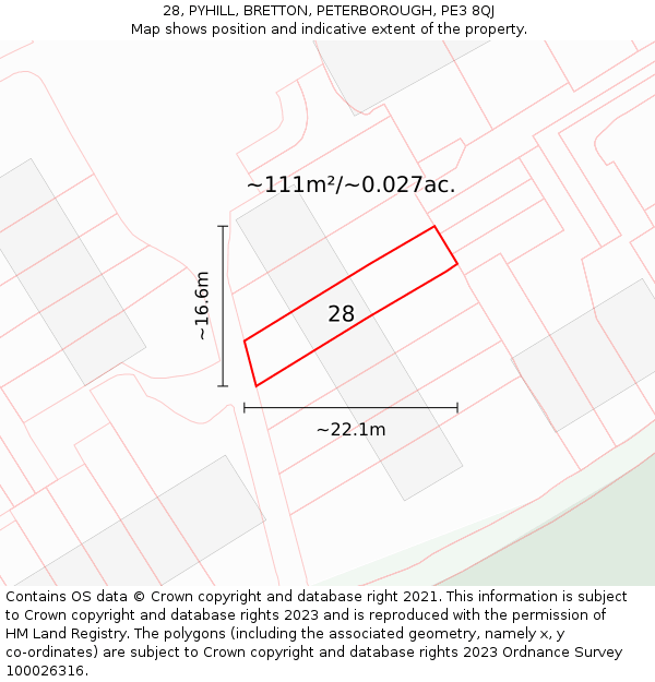 28, PYHILL, BRETTON, PETERBOROUGH, PE3 8QJ: Plot and title map