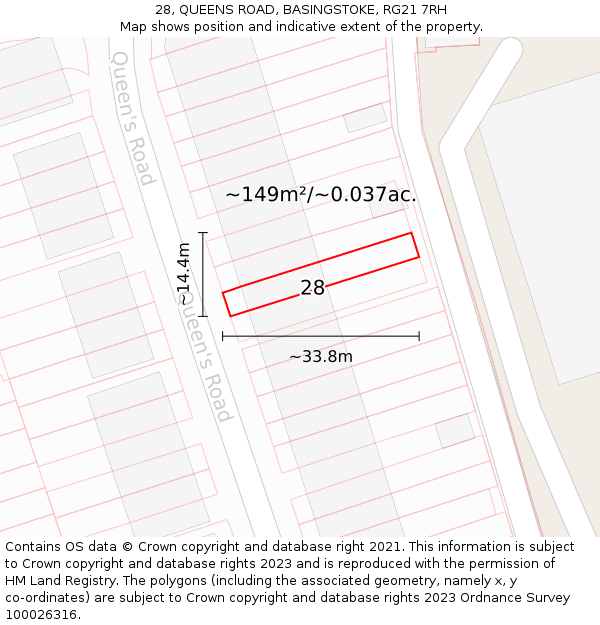 28, QUEENS ROAD, BASINGSTOKE, RG21 7RH: Plot and title map