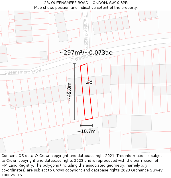 28, QUEENSMERE ROAD, LONDON, SW19 5PB: Plot and title map