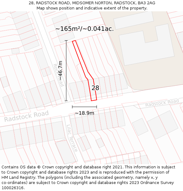 28, RADSTOCK ROAD, MIDSOMER NORTON, RADSTOCK, BA3 2AG: Plot and title map