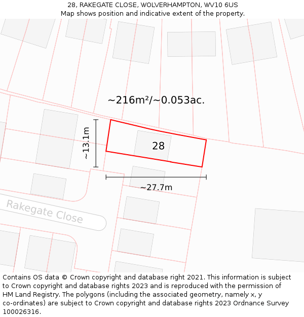 28, RAKEGATE CLOSE, WOLVERHAMPTON, WV10 6US: Plot and title map