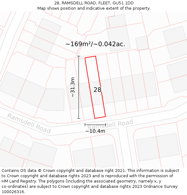 28, RAMSDELL ROAD, FLEET, GU51 1DD: Plot and title map