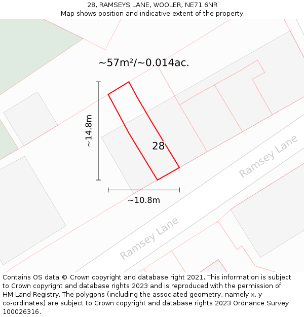 28, RAMSEYS LANE, WOOLER, NE71 6NR: Plot and title map