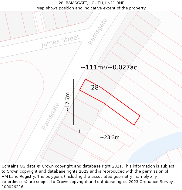 28, RAMSGATE, LOUTH, LN11 0NE: Plot and title map