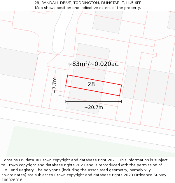 28, RANDALL DRIVE, TODDINGTON, DUNSTABLE, LU5 6FE: Plot and title map