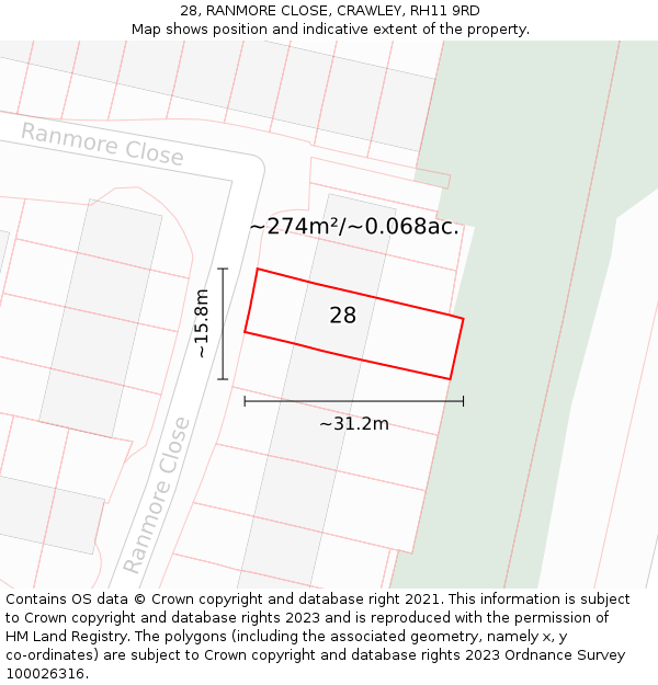 28, RANMORE CLOSE, CRAWLEY, RH11 9RD: Plot and title map