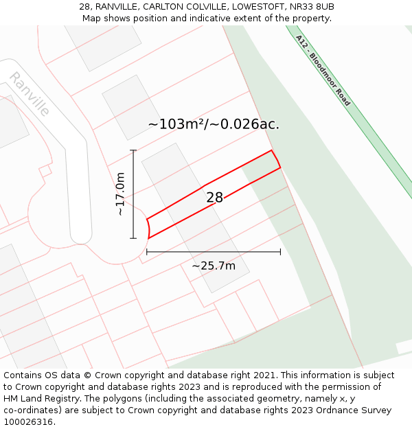 28, RANVILLE, CARLTON COLVILLE, LOWESTOFT, NR33 8UB: Plot and title map