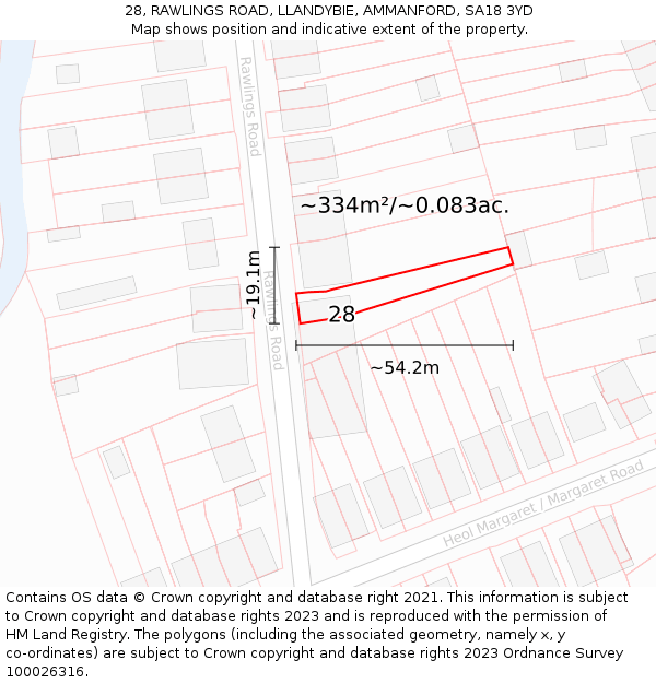 28, RAWLINGS ROAD, LLANDYBIE, AMMANFORD, SA18 3YD: Plot and title map