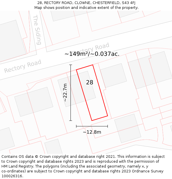 28, RECTORY ROAD, CLOWNE, CHESTERFIELD, S43 4FJ: Plot and title map