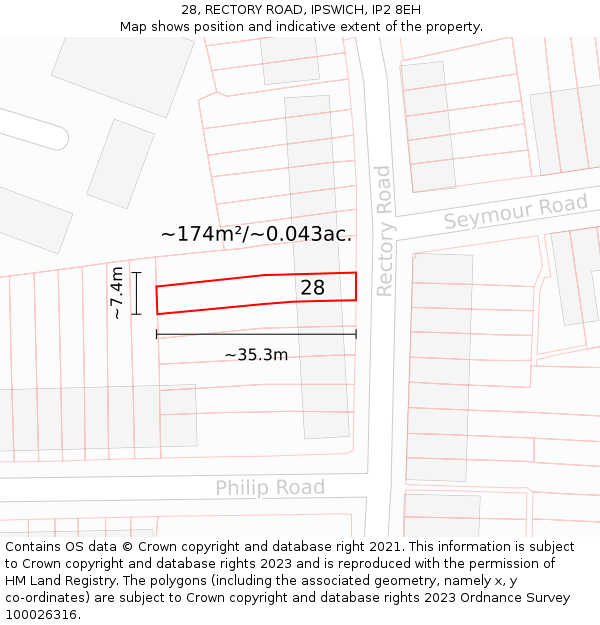 28, RECTORY ROAD, IPSWICH, IP2 8EH: Plot and title map